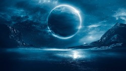 Futuristic Fantasy Landscape, Sci-fi Landscape With Planet, Neon Light, Cold Planet. Galaxy, Unknown Planet. Dark Natural Scene With Light Reflection In Water. Neon Space Galaxy Portal. 3d 