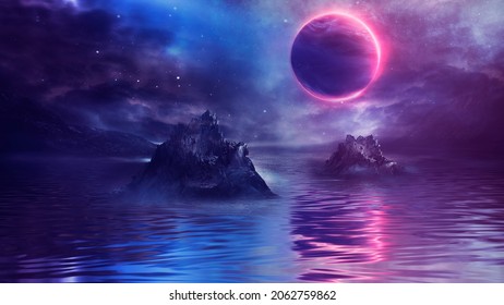 Futuristic Fantasy Landscape, Sci-fi Landscape With Planet, Neon Light, Cold Planet. Galaxy, Unknown Planet. Dark Natural Scene With Light Reflection In Water. Neon Space Galaxy Portal. 3d 