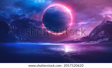 Futuristic fantasy landscape, sci-fi landscape with planet, neon light, cold planet. 3d illustration.  Imagine de stoc © 