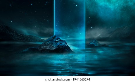 Futuristic Fantasy Night Landscape With Abstract Landscape And Island, Moonlight, Radiance, Moon, Neon. Dark Natural Scene With Light Reflection In Water. Neon Space Galaxy Portal. 3D Illustration. 