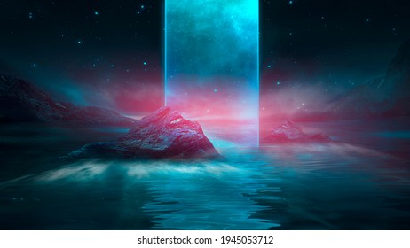 Futuristic fantasy night landscape with abstract landscape and island, moonlight, radiance, moon, neon. Dark natural scene with light reflection in water. Neon space galaxy portal. 3D illustration.