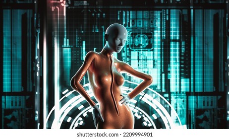 Futuristic Female Model In Front Of Data Screen . Meta Verse And Virtual Reality Concept . This Is A 3d Render Illustration .