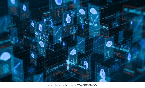 Futuristic fictional interface for ai driven healthcare, remote patient monitoring, online medical consultation and diagnosis, artificial intelligence medical imaging (3d render)