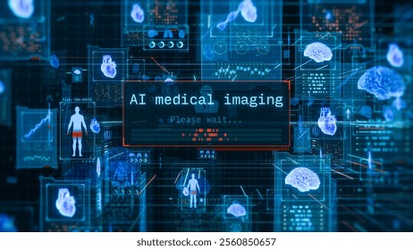 Futuristic fictional interface for ai driven healthcare, remote patient monitoring, online medical consultation and diagnosis, artificial intelligence medical imaging (3d render)