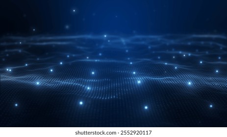Futuristic flight through blue digital landscape.