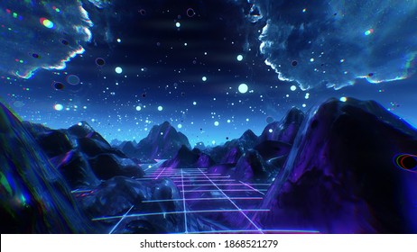 Futuristic flight through trippy landscape background. High quality 3D illustration with mountains, grid, balls for EDM music video, live show, VJ. Psychedelic dream flythrough in 4k