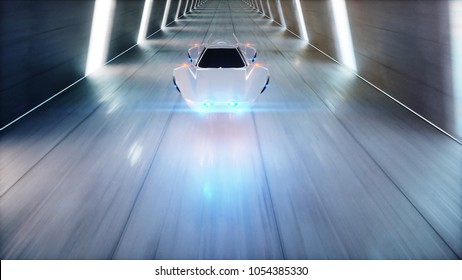 Futuristic Flying Car Fast Driving In Sci Fi Tunnel, Coridor. Concept Of Future. 3d Rendering.