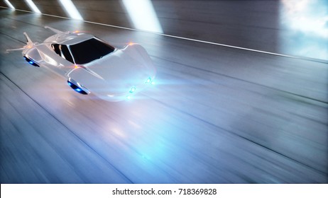 Futuristic Flying Car Fast Driving In Sci Fi Tunnel, Coridor. Concept Of Future. 3d Rendering.