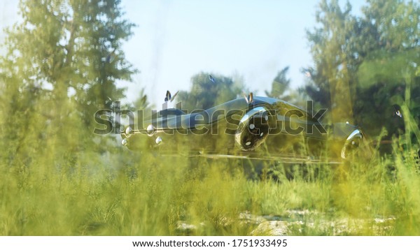 Futuristic flying car in forest. Concept of\
future. 3d\
rendering.