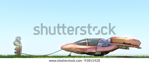 Futuristic\
flying car at gas station on blue\
background