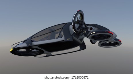 Futuristic Flying Car, Flying In The Gray-blue Sky. Passenger Transport Of The Future.Possible Concept. 3D Illustration