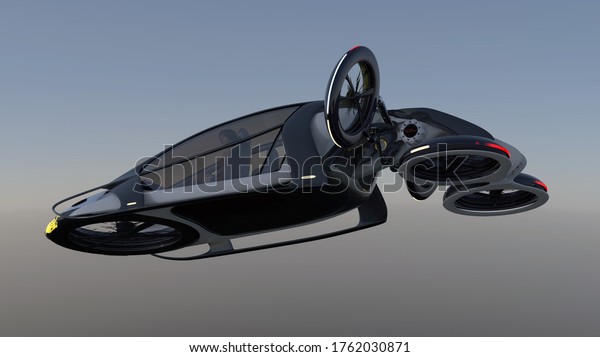 Futuristic\
flying car, flying in the gray-blue sky. Passenger transport of the\
future.Possible concept. 3D\
illustration