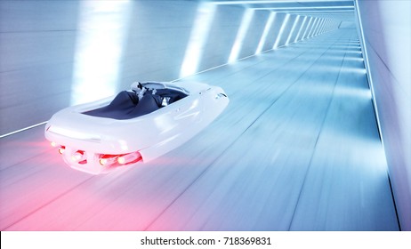 Futuristic Flying Car With Woman Fast Driving In Sci Fi Tunnel, Coridor. Concept Of Future. 3d Rendering.