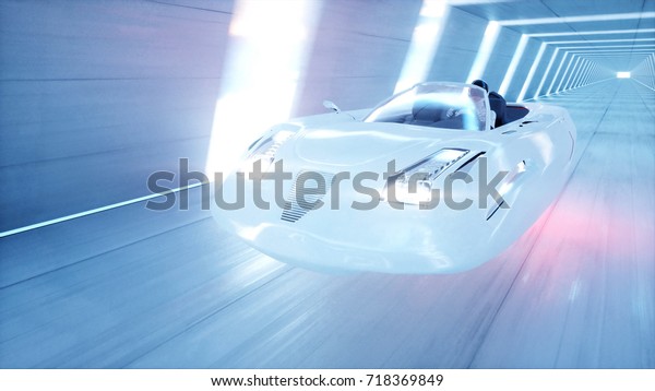 futuristic flying car\
with woman fast driving in sci fi tunnel, coridor. Concept of\
future. 3d\
rendering.