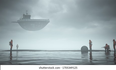 Futuristic Flying Tugboat Above Black Sand With Men In A Hazmat Suit Inspecting A Metal Orb Surrounded By Water 3d Illustration 3d Render  