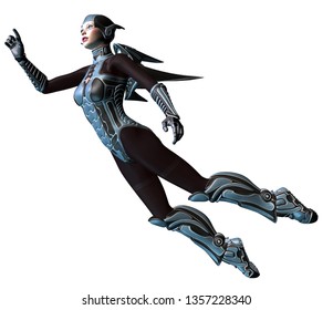 Futuristic Flying Woman, Metallic Suit And Jetpack, 3d Illustration