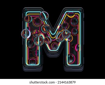 Futuristic Font. Glass Balls And Neon Rays. Letter M. 3d Rendering