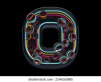 Futuristic Font. Glass Balls And Neon Rays. Letter O. 3d Rendering