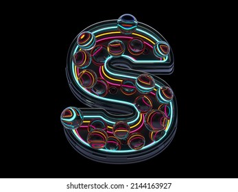 Futuristic Font. Glass Balls And Neon Rays. Letter S. 3d Rendering