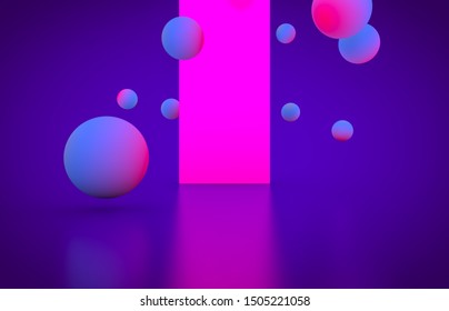 Futuristic geometric shape empty stage with glowing neon color. Abstract 3d render background.