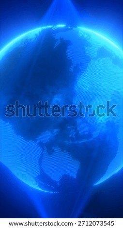 Futuristic glowing blue globe with pixelated continents illuminated in dark space.