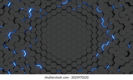 Futuristic Glowing Blue Hexagonal Or Honeycomb Background. Technology, Future And Innovation Concept. High Quality 3D Rendering Image