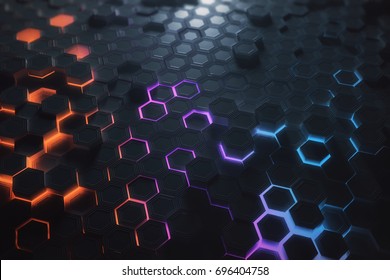 Futuristic Glowing Colorful Bright Hexagonal Or Honeycomb Wallpaper. Technology, Future And Innovation Concept. 3D Rendering 