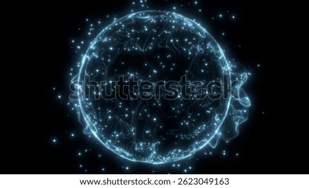 Futuristic glowing data sphere with particles and wave structure, digital blue energy ball on dark background, abstract 3D holographic globe animation for sci-fi and tech visuals