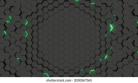 Futuristic Glowing Green Hexagonal Or Honeycomb Background. Technology, Future And Innovation Concept. 3D Rendering Image