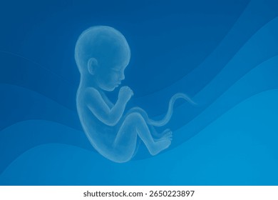 Futuristic glowing illustration of a developing human fetus curled with umbilical cord on a blue gradient background, symbolizing prenatal care, maternity, or fetal development in conceptual art.