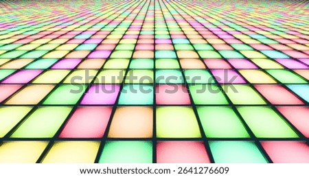 Futuristic glowing multicolor led floor background. Shining tiled plane in perspective. 3D rendering.