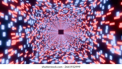 Futuristic glowing neon rectangle background. Shining geometric pixels in perspective. Bright retro digital cyberspace. 3D rendering.
