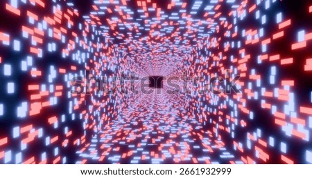 Futuristic glowing neon rectangle background. Shining geometric pixels in perspective. Bright retro digital cyberspace. 3D rendering.