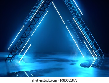 Futuristic Glowing Neon Stage In Blue. Concert Background With Product Placement Platform. 3d Illustration