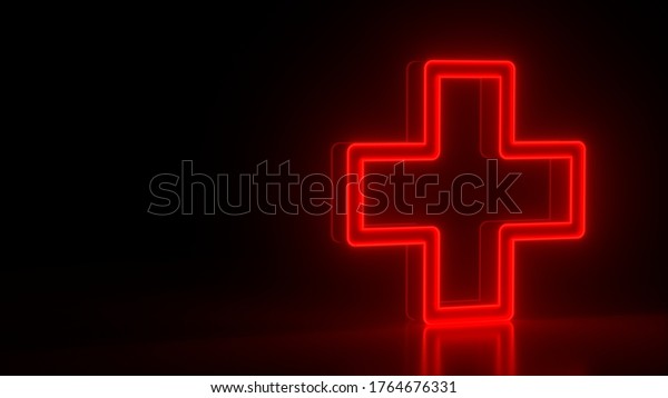 Futuristic glowing red neon medical cross\
symbol on black dark background with blurred reflection. Elements\
of medical set. 3d\
rendering