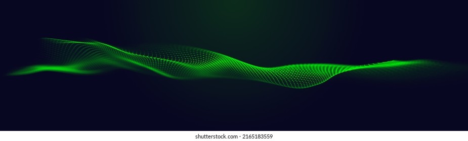 Futuristic green glowing wave. The concept of big data. Network connection. Cybernetics. Abstract background of green lines with dots. 3d rendering.