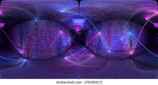Futuristic HDRI underground interior with glowing blue and pink neon light tubes reflecting on walls and floor. 360 panorama reflection mapping of a long coloured tunnel 3D rendering