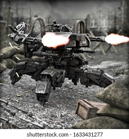 Futuristic Heavily Armored Quad Legged Land Drone Military Assault Weapon Unleashing Its Power On The Battlefield. 3d Rendering
