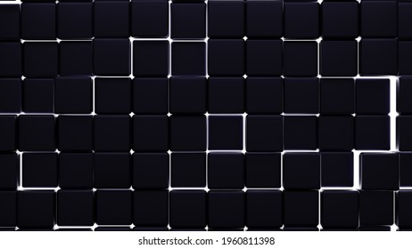 Futuristic, High Tech, dark background, with a square block structure. Wall texture with a 3D cube tile pattern. 3D render.