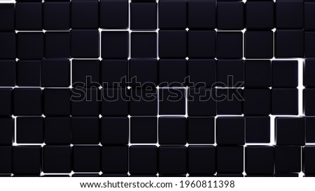 Futuristic, High Tech, dark background, with a square block structure. Wall texture with a 3D cube tile pattern. 3D render.