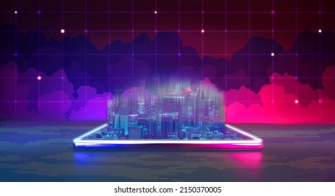 Futuristic Hologram City In Cyber Punk Theme Color. Metaverse Technology Growth In Future Data Network And Business Concept. Investment In Digital Land Game Connect. 3D Illustration