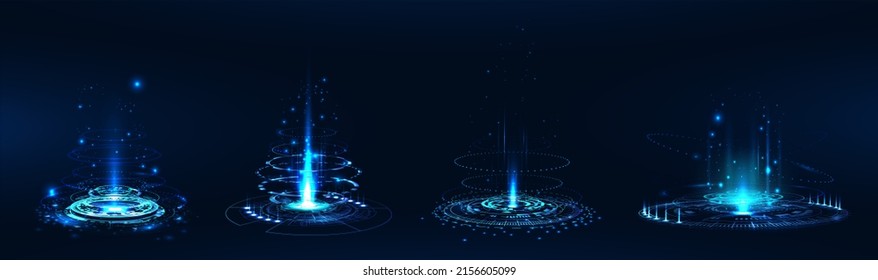 Futuristic Holograms And Magic Teleportation Portal. Realistic Light Aura And Glowing Hologram. Futuristic Lighting And Circle Wrapping Aura. Podium, Projector, Teleport, Portal, Level Up