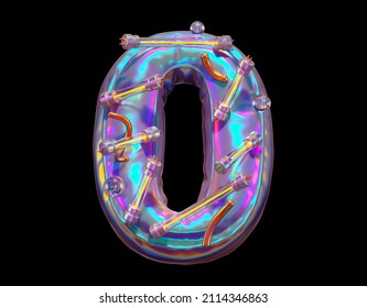 Futuristic Holographic Font. Ultraviolet And Yellow Neon. Number 0. 3d Rendering