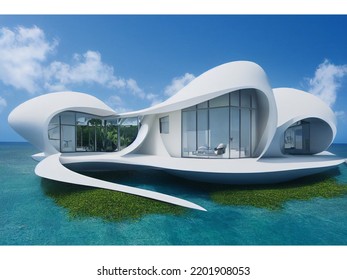 Futuristic House Built On Tropical Island, Desert Island, Future Architecture, House Design, Home, Palm Trees 