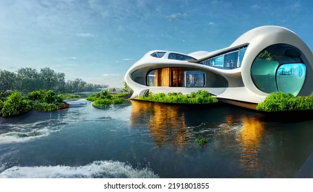 Futuristic House By River Future Architecture Stock Illustration ...