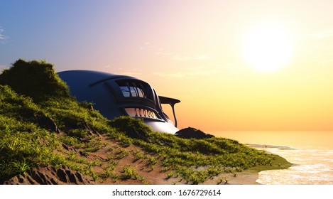 Futuristic House On The Shore..3d Render