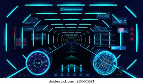 Futuristic HUD car interface in cyberspace for VR, AR, GUI, UI. Concept VR helmet and spaceship cockpit view. Auto indicators HUD, engine status, speedometer and GPS navigation. Cyberpunk  - Powered by Shutterstock