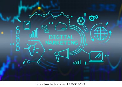 Futuristic HUD digital marketing interface over blurry dark blue background. Concept of e commerce. 3d rendering toned image double exposure - Shutterstock ID 1775045432