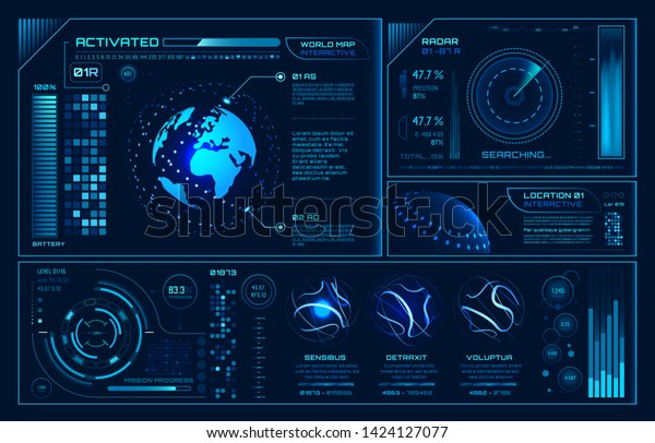 Futuristic hud interface. Future hologram ui\
infographic, interactive globe and cyber sky fi screen. Technology\
futurist car graphics interface display, vr game panel  background\
illustration