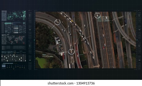 Futuristic HUD satellite car surveillance and identification counter terrorist monitoring highway traffic for possible enemy target vehicle